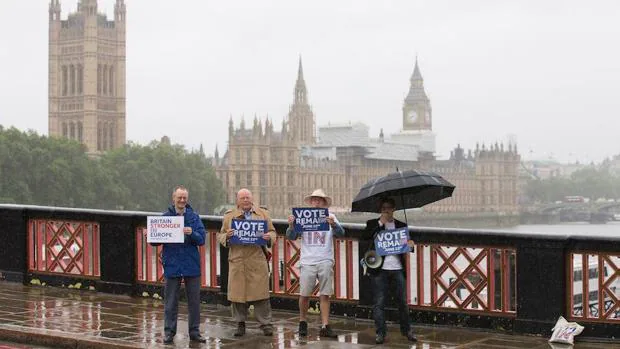 Un grupo de partidarios de la permanencia en la Unión Europea sostienen pancartas