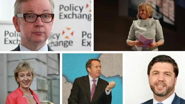 Los cinco candidatos a líder conservador: Michael Gove (arriba izquierda), Theresa May (arriba derecha), Andrea Leadsom (abajo izquierda), Liam Fox (abajo centro) y Stephen Crabb (abajo derecha)