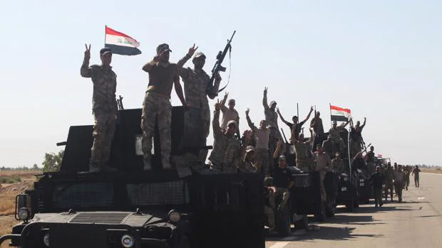Soldados del ejercito iraquí celebran la liberación de Faluya
