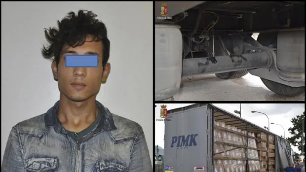Fotografías facilitadas por la Policía italiana, que ha detectado a un inmigrante que viajó durante unos 400 kilómetros enganchado con un cinturón y unas cuerdas a los bajos de un camión