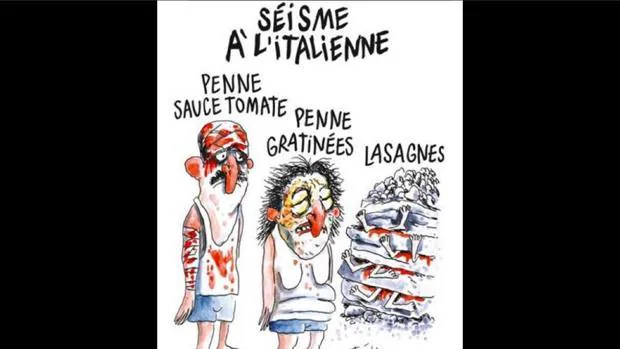 Viñeta satírica en la que «Charlie Hebdo» se burla de las víctimas del terromoto que sacudió el centro de Italia el pasado mes de agosto