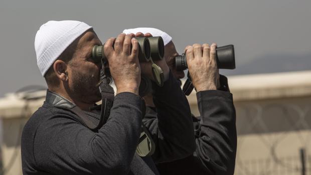 Dos hombres observan con prismáticos, desde la parte siria, los Altos del Golán, donde tienen lugar las escaramuzas de los Ejércitos sirio e isrelí