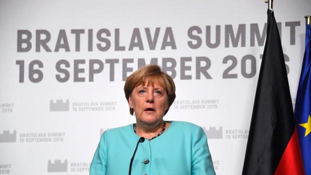 La canciller alemana, Angela Merkel, durante su comparecencia en Bratislava