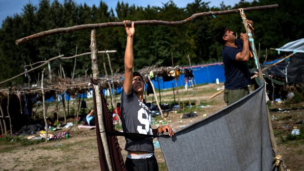 Refugiados sirios construyen tiendas de campaña en la frontera entre Hungría y Serbia
