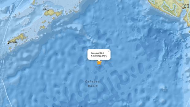 Hipocentro del terremoto, en el mar de Célebes