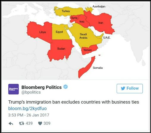 En rojo, aparecen señalados los países vetados; en amarillo, los que no y tienen vínculos comerciales de algún tipo con Donald Trump