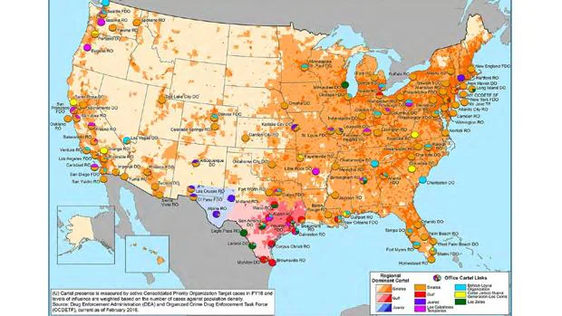 Mapa elaborado por la Administración Antinarcóticos de Estados Unidos (DEA). Carteles: naranja, Sinaloa; rojo, Golfo; azul, Juárez; verde, Zetas. Varios carteles en grandes ciudades