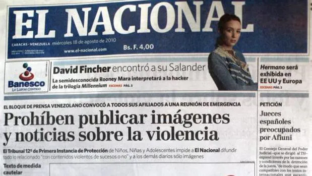 Portada del diario venezolano «El Nacional» del 18 de agosto de 2010, cuando se censuró la publicación de imágenes sobre violencia