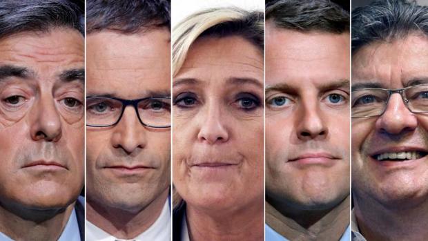 Los aspirantes al Elíseo, de izquierda a derecha, François Fillon, Benoît Hamon, Marine Le Pen, Emmanuel Macron y Jean-Luc Mélenchon