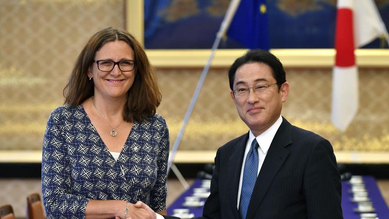 La comisaria de Comercio, Cecilia Malmström (izda) y el titular de exteriores de Jaón , Fumio Kishida