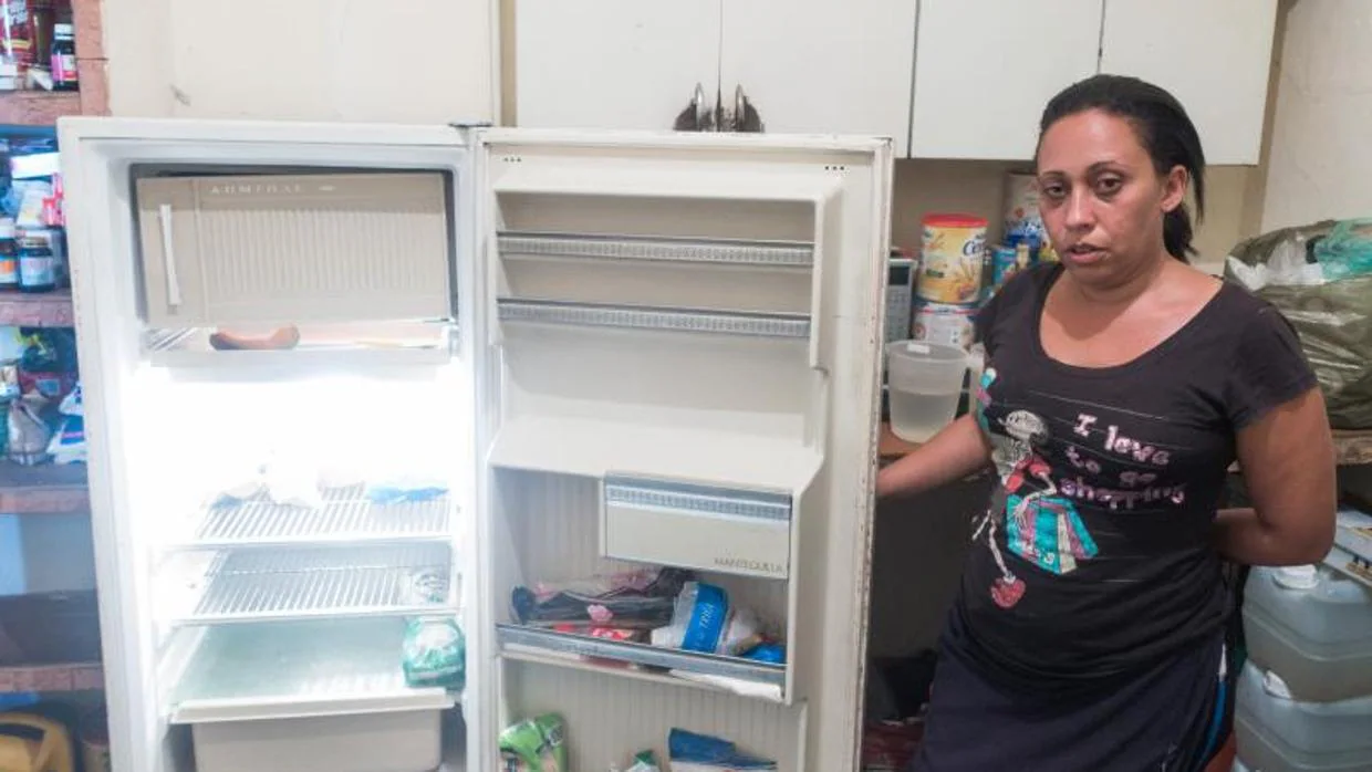 Un ama de casa venezolana muestra su nevera casi vacía