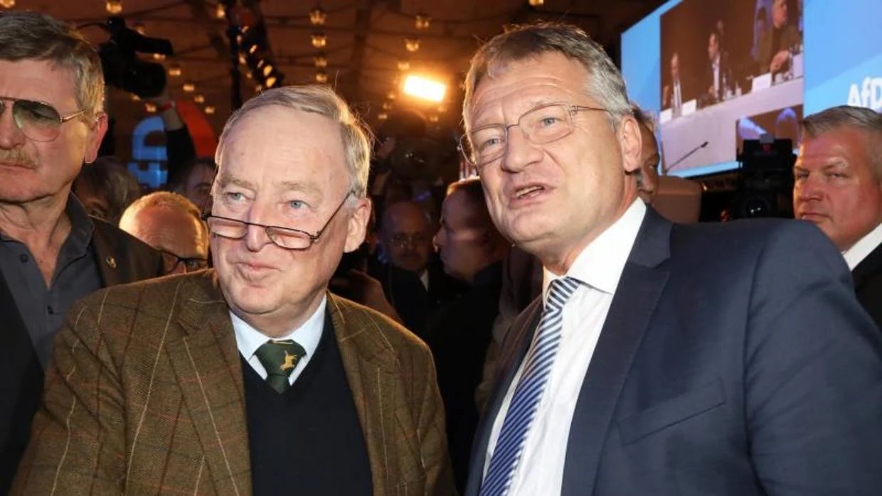 Jörg Meuthen (d) y Alexander Gauland, elegidos presidente y copresidente de Alternativa para Alemania (AfD), este sábado en Hannover