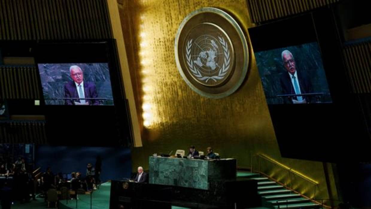 El ministro de Exteriores palestino, Riad al Maliki, interviene antes la votación en la Asamblea General de la ONU