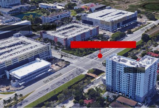 En rojo, la localización del puente instalado el pasado sábado en Miami