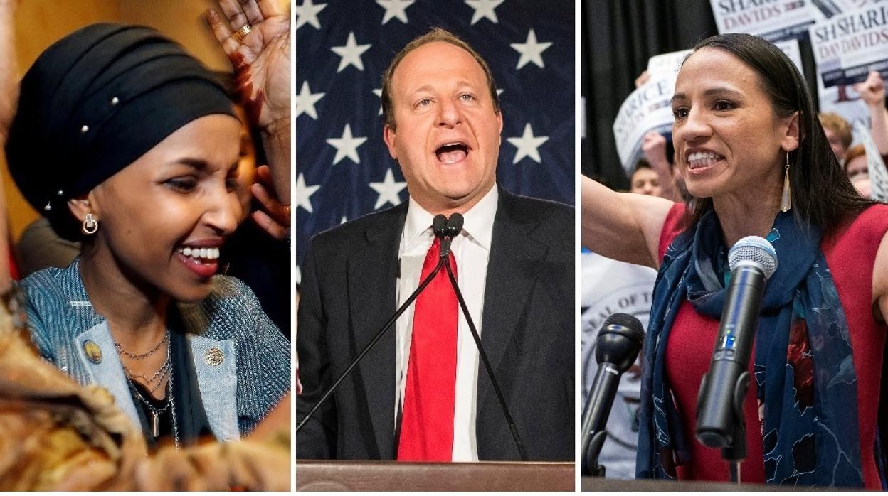 De izquierda a derecha, Ilhan Omar, elegida legisladora en Minnesota; Jared Polis, nuevo gobernador de Colorado, y Sharice Davids, primeras congresistas nativas