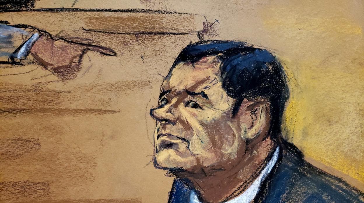 Ilustración que muestra al Chapo Guzmán durante el juicio en Nueva York