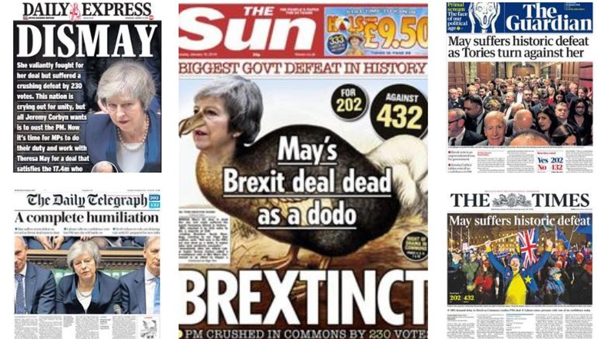 Así reseña la prensa británica la humillante derrota del acuerdo del Brexit de Theresa May