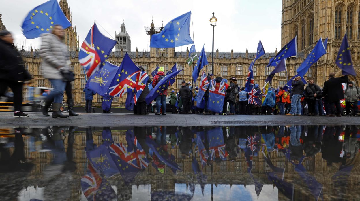 Partidarios anti-Brexit, ondean banderas mientras se manifiestan fuera de las Casas del Parlamento en Londres