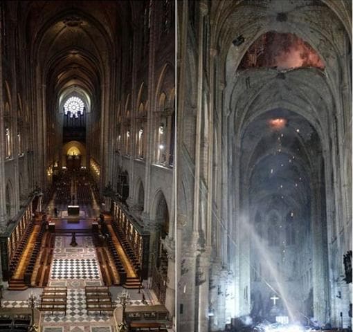 Interior de Notre Dame, antes y después del incendio