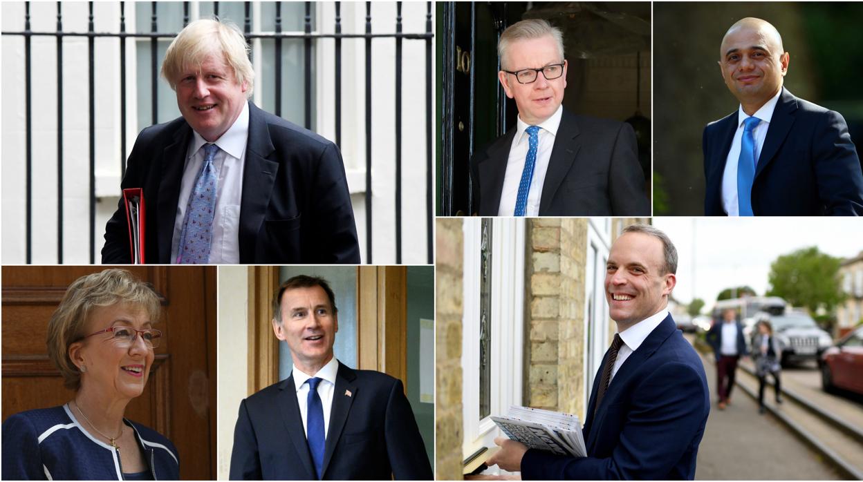 De izquierda a derecha: Boris Johnson, Michael Gove y Sajid Javid (arriba); Andrea Leadsom, Jeremy Hunt y Dominic Raab (abajo)