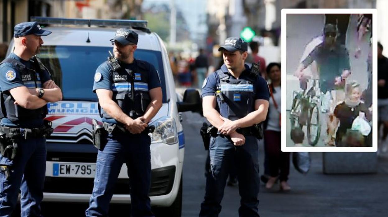 Una patrulla vigila las calles de Lyon. En el recuadro, el posible sospechoso