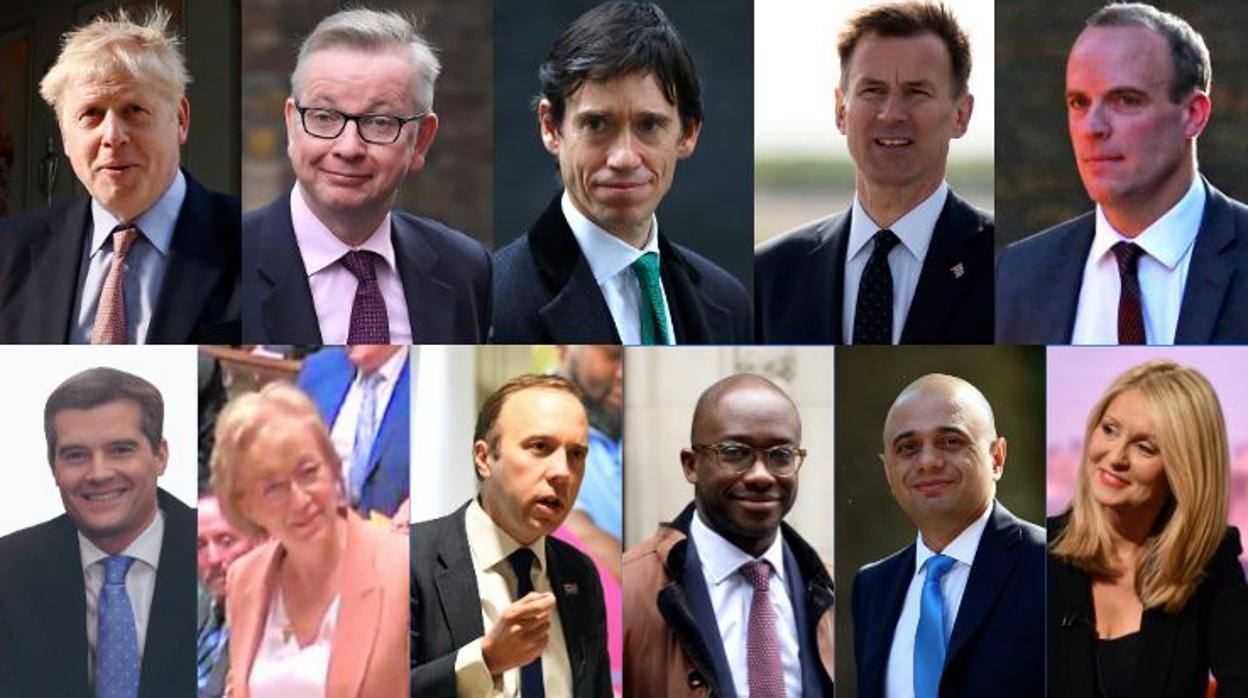 De izquierda a derecha, en la fila superior: Boris Johnson, Michael Gove, Rory Stewart, Jeremy Hunt y Dominic Raab. En la fila de abajo: Mark Harper, Andrea Leadsom, Matt Hancock, Sam Gyimah, Sajid Javid y Eshter McVey