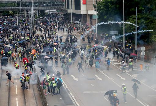 Manifestantes en el distrito de Wan Chai