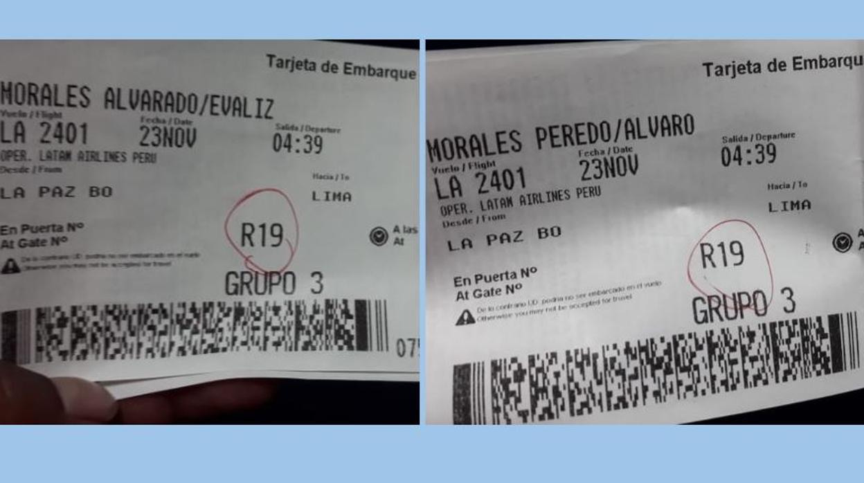 Las tarjetas de embarque de los hijos de Evo Morales, mostradas en Twitter por el ministro provisional de Interior de Bolivia, Arturo Murillo