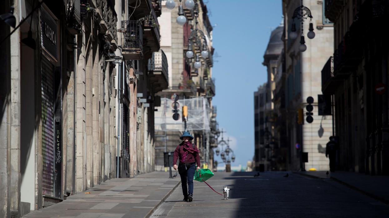 Aspecto de una calle del barrio Gótico de Barcelona, este lunes, vigesimotercer día de confinamiento por el estado de alerta declarado por el Gobierno por la pandemia de coronavirus