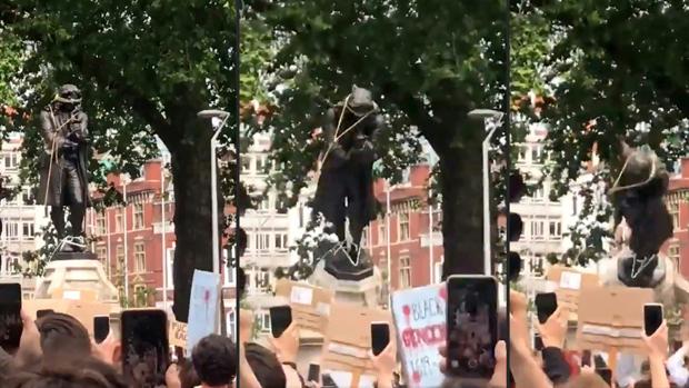 Manifestantes contra el racismo derriban la estatua de un esclavista en Bristol (Reino Unido)