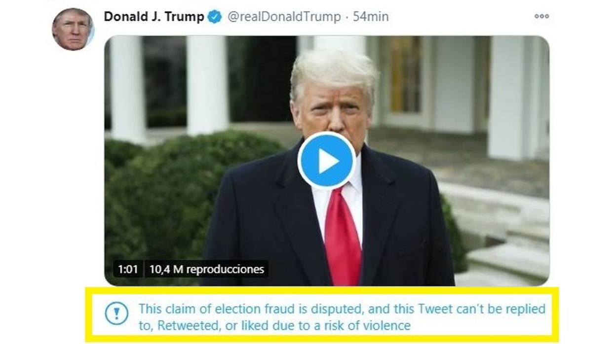 Twitter veta el mensaje de Trump alegando «riesgo de violencia» y lo expulsa 12 horas de la red social