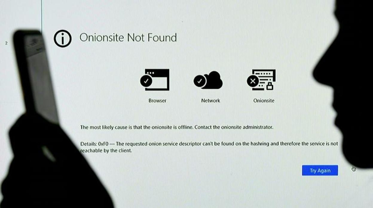 Esta ilustración fotográfica muestra una pantalla que muestra la dirección del sitio de Darkside Onions con un aviso que dice que no se pudo encontrar