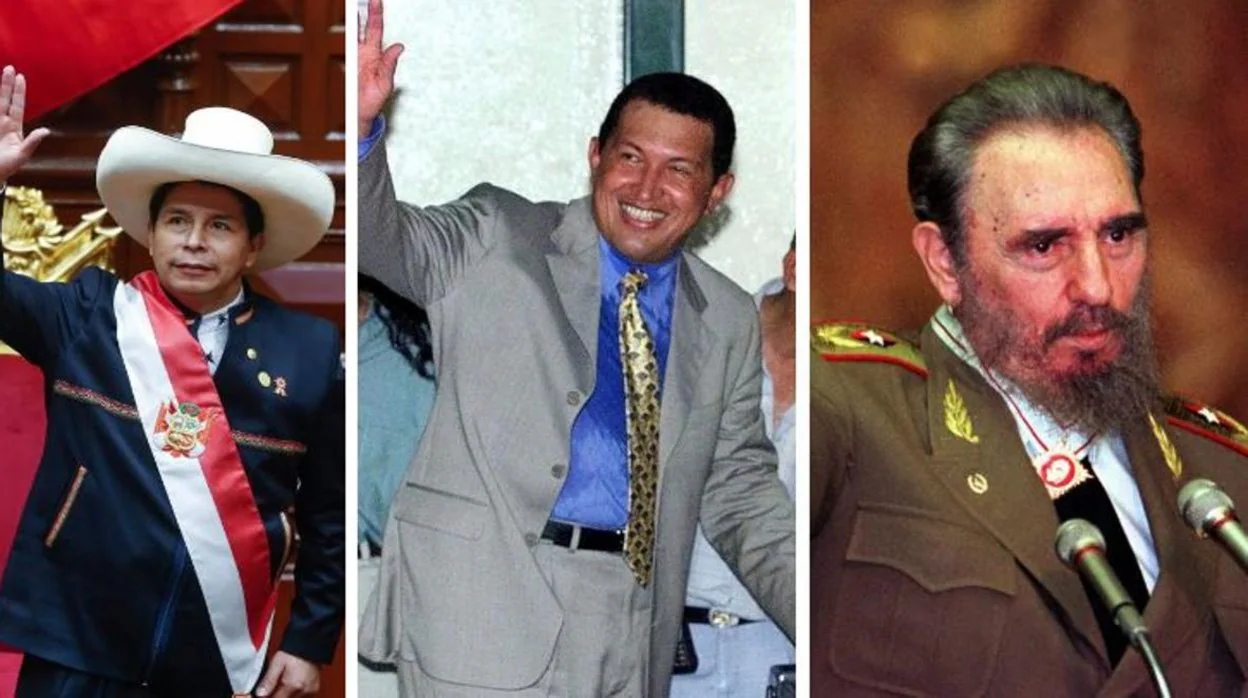 A la izquierda, Pedro Castillo, en el centro, Hugo Chávez y a la derecha, Fidel Castro