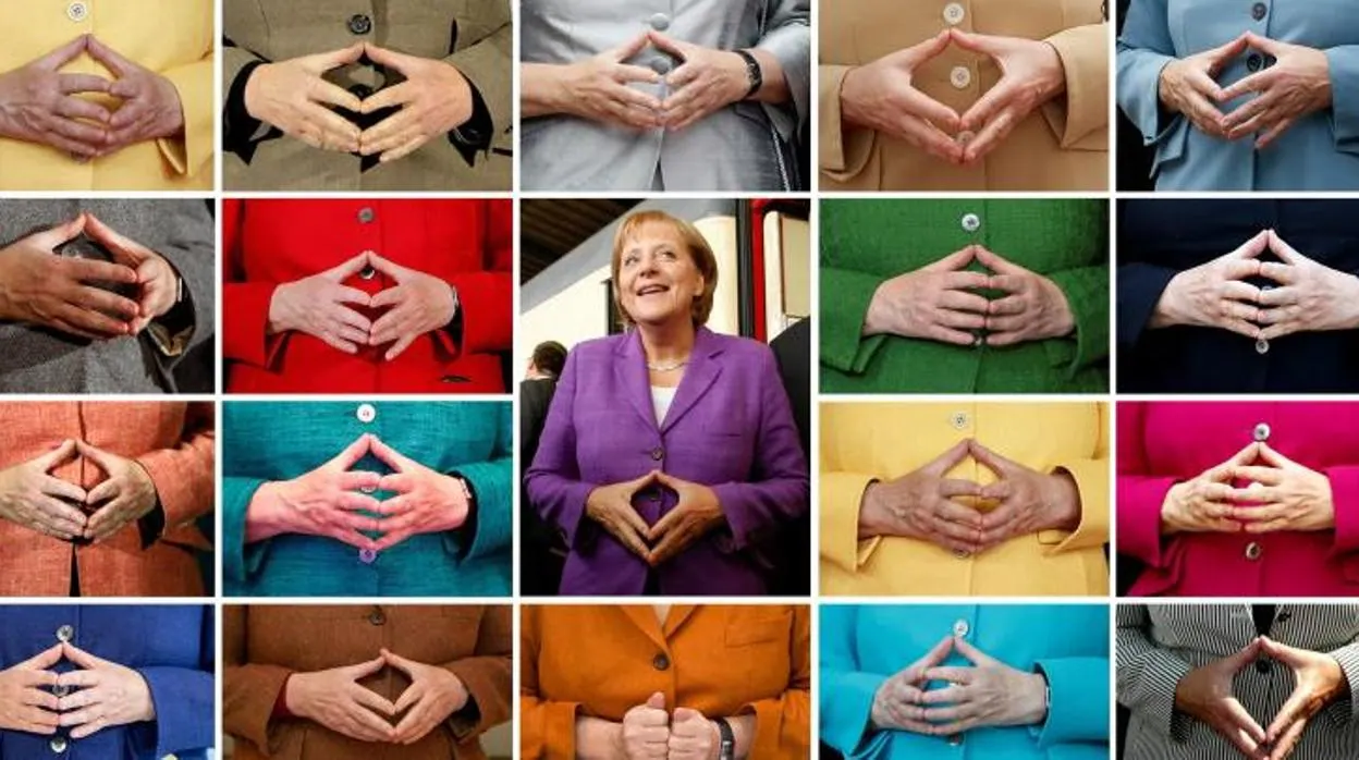 Una imagen combinada muestra a Angela Merkel cruzando las manos frente a sus chaquetas de varios colores