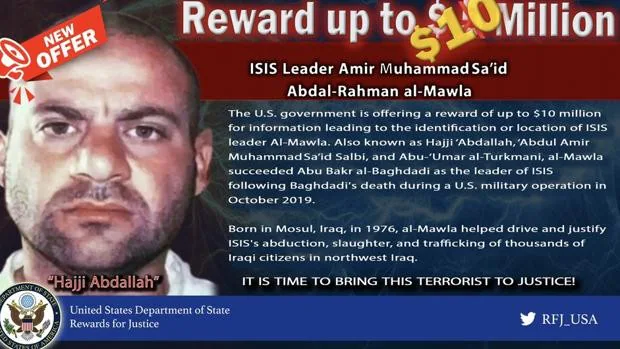 Anuncio del Departamento del Tesoro de EE.UU. ofreciendo una recompensa de 10 millones de dólares por información de Hajji Abdullah