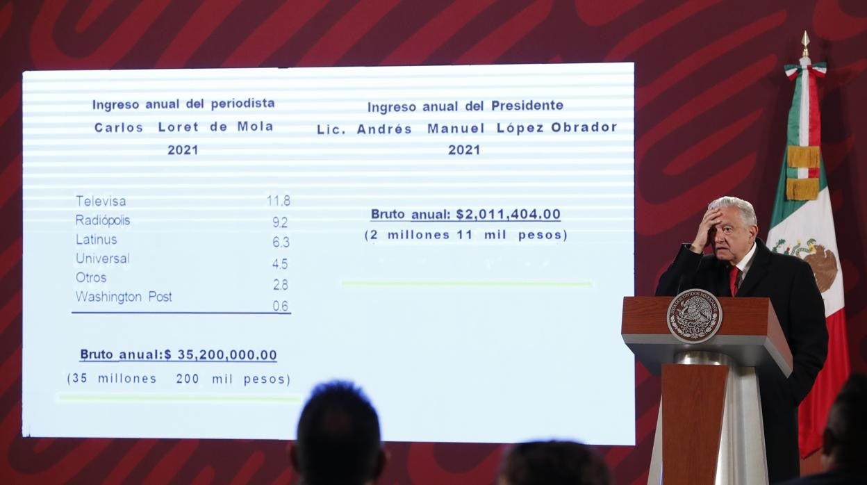El presidente de México, Andrés Manuel López Obrador, habla en rueda de prensa en el Palacio Nacional para criticar los ingresos de un periodista crítico, que comparó con los suyos