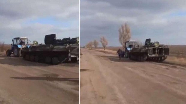 Un granjero ucraniano roba un tanque del Ejército ruso con la ayuda de su tractor