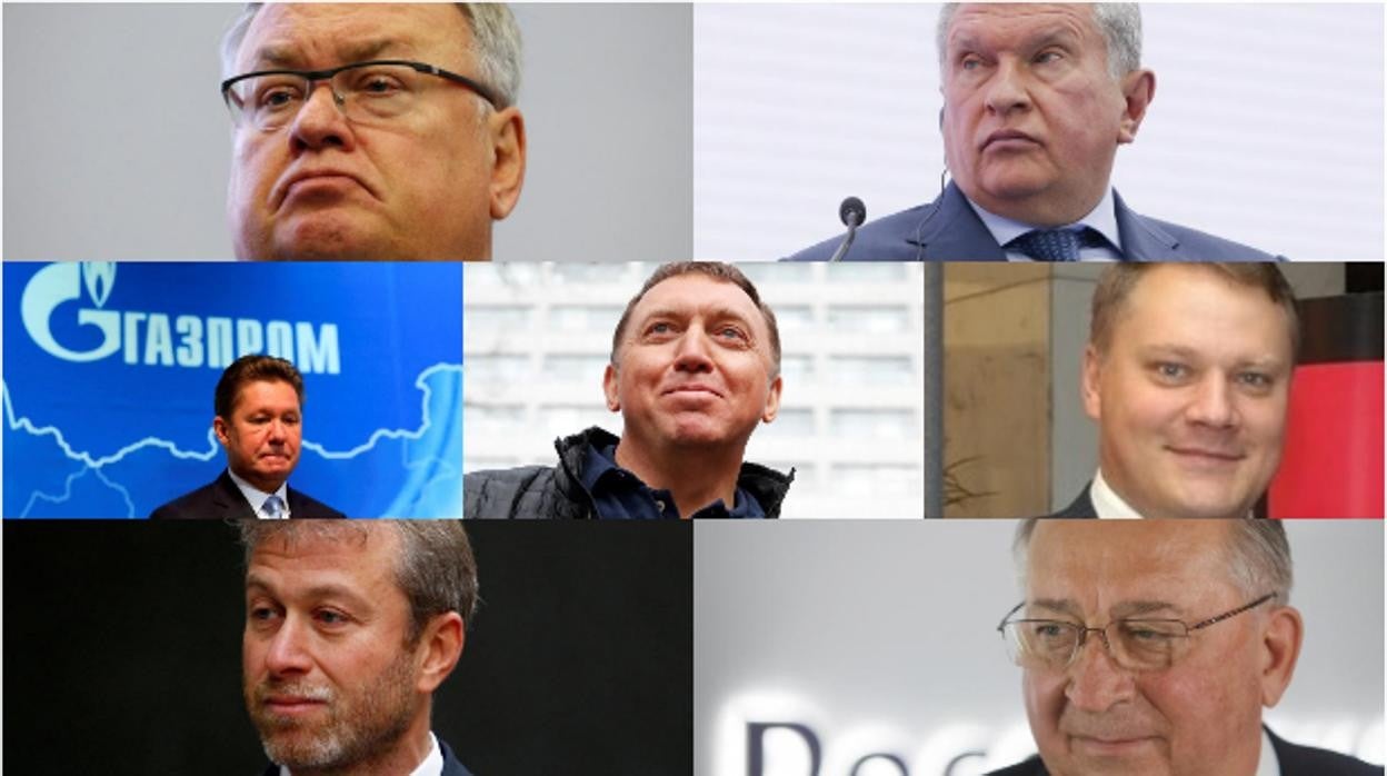 De izquierda a derecha y de arriba abajo: Andrei Kostin, Igor Sechin, Alexei Miller, Oleg Deripaska, Dmitri Lebedev, Roman Abramovich y Nikolai Tokarev