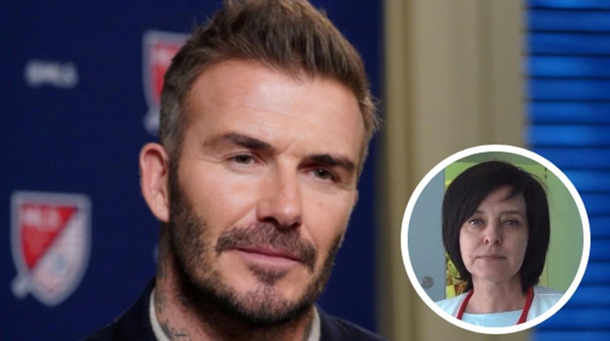 David Beckham junto a una imagen de la doctora Iryna Kondratova