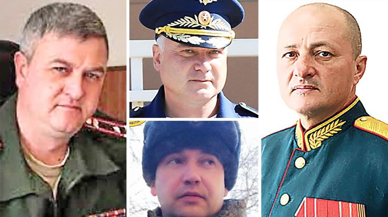 En el sentido de las agujas del reloj desde la izquierda, Andrei Kolesnikov, Andrey Sukhovetsky, Oleg Mityaev y Vitaliy Gerasimov son cuatro de los generales que han muerto en los combates, según Ucrania.