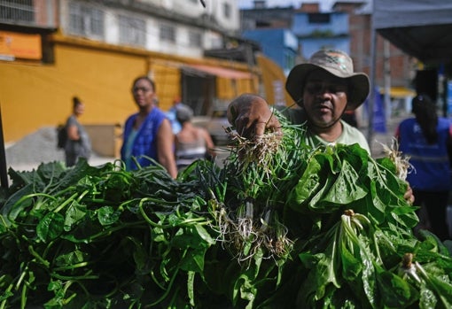 Un trabajador vende verduras cosechadas en un huerto urbano en la favela de Manguinhos, en Río de Janeiro, Brasil, que es el país más amenazado del mundo por el incremento del precio de los fertilizantes