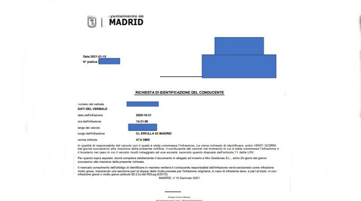 Imagen de una multa puesta por el Ayuntamiento de Madrid a un ciudadano italiano