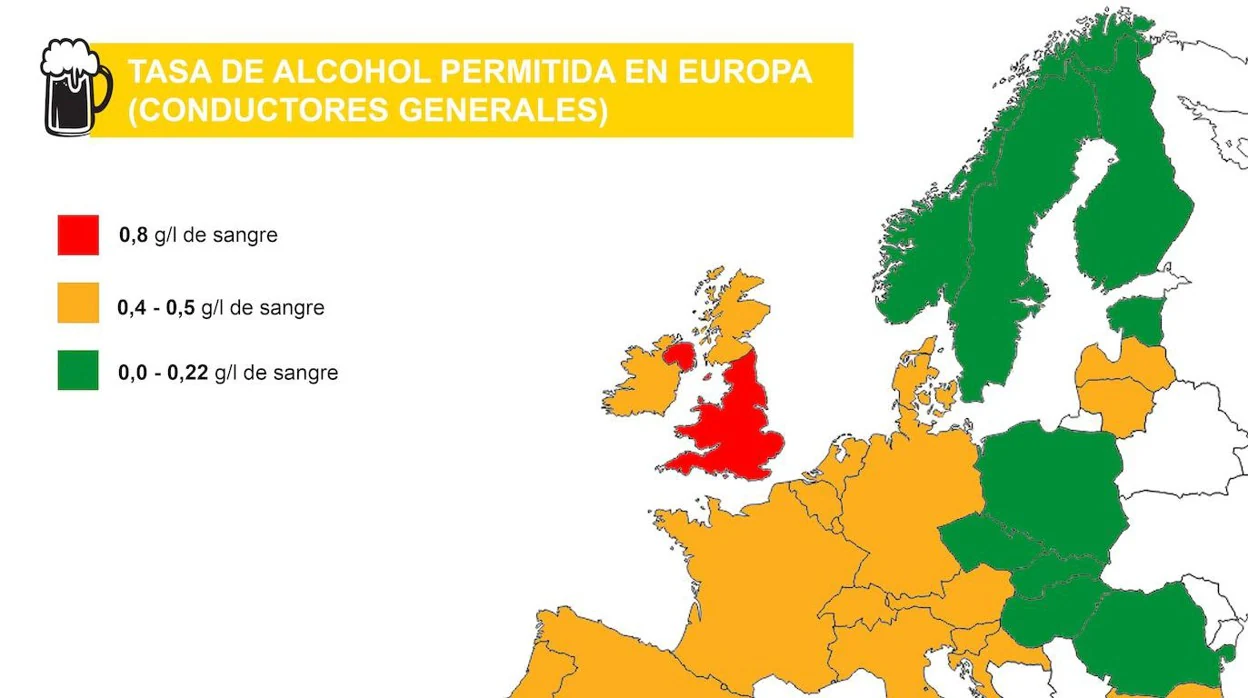 Mapa de la tasa de alcohol permitida en Europa