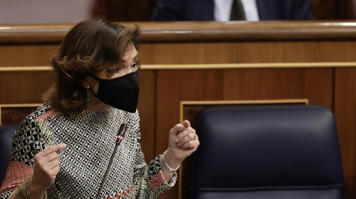 La vicepresidenta primera, Carmen Calvo, este miércoles en el Congreso