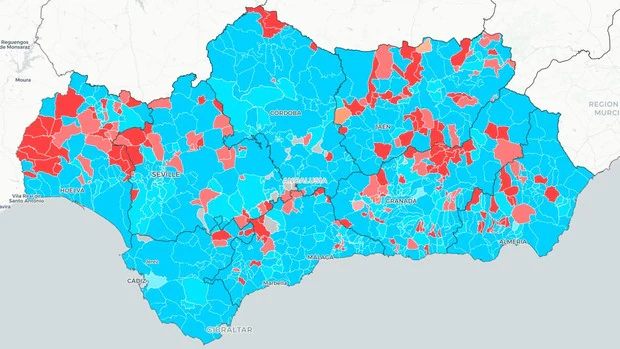 Mapa de los resultados en Andalucía, municipio a municipio