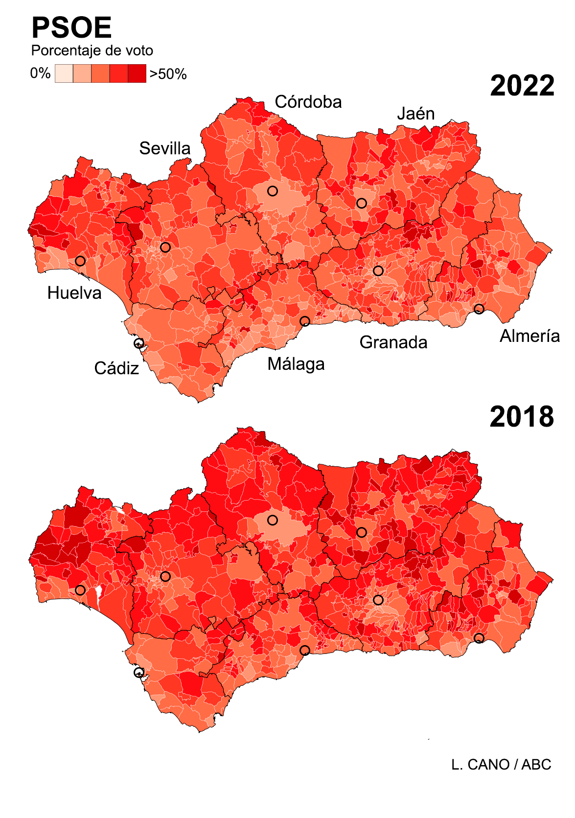 Los caladeros de voto de cada partido en Andalucía