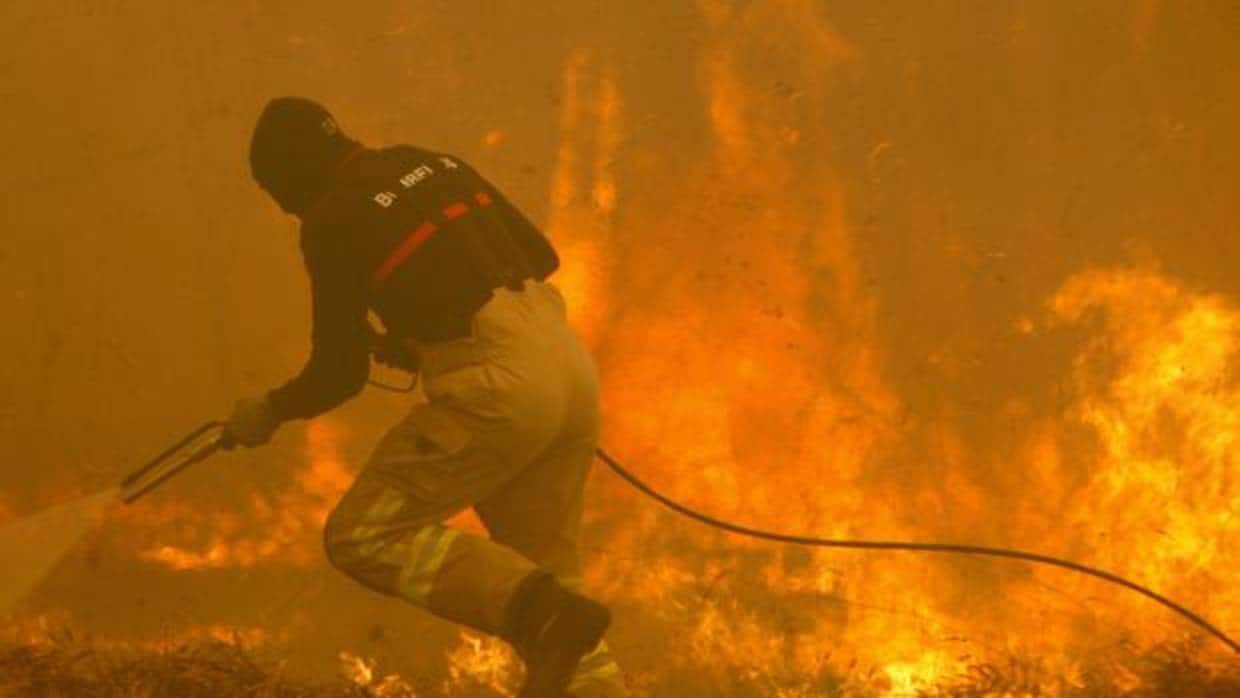 Un operario de los servicios de extinción de incendios trabaja en la zona de Zamanes, Vigo