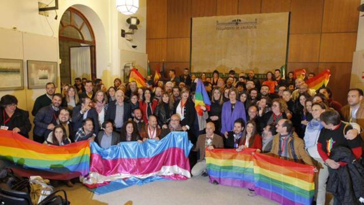 Diputados y representantes de colectivos LGTBI, en el Parlamento andaluz tras la aprobación de la Ley