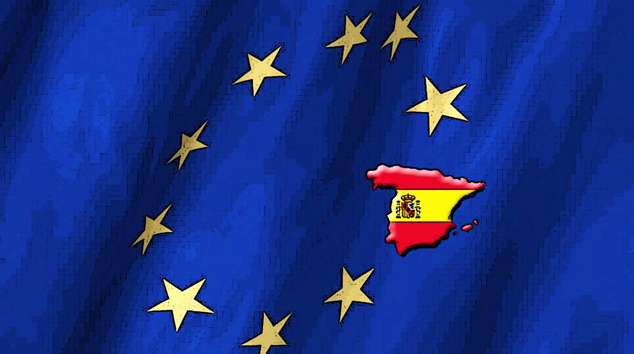 Bandera de la Unión Europea con un mapa de España
