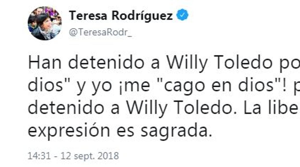 El tuit ofensivo de Teresa Rodríguez-Rubio